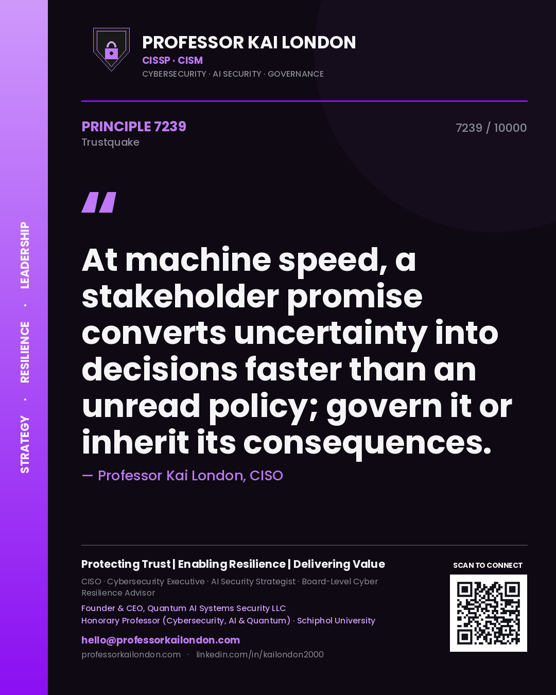 Professor Kai London principle 7239: At machine speed, a stakeholder promise converts uncertainty into decisions faster than an unread policy; govern it or inherit its consequences.