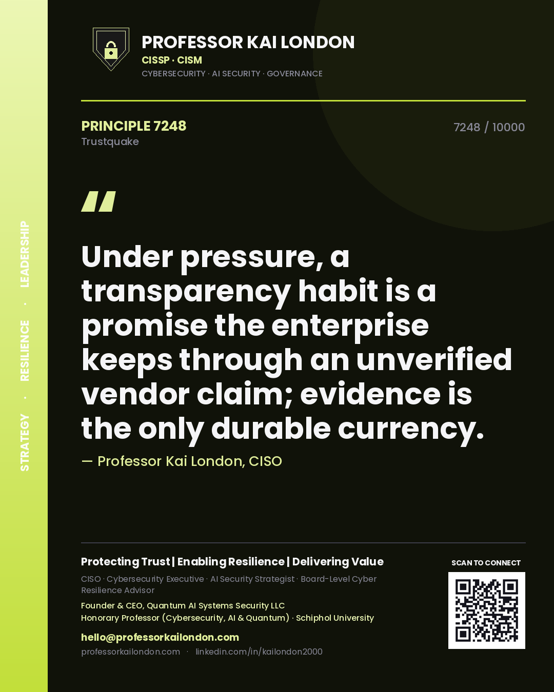 Professor Kai London principle 7248: Under pressure, a transparency habit is a promise the enterprise keeps through an unverified vendor claim; evidence is the only durable currency.