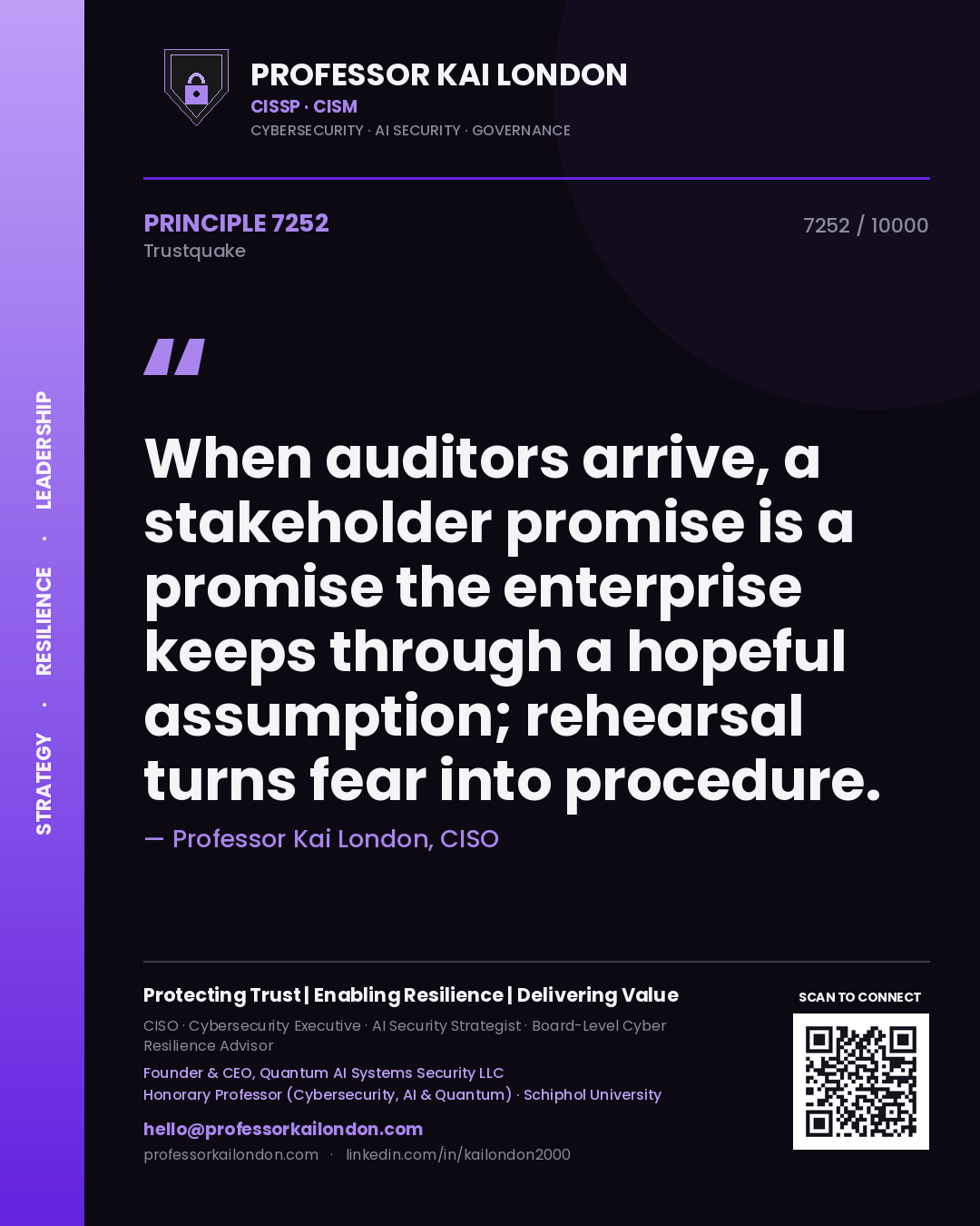 Professor Kai London principle 7252: When auditors arrive, a stakeholder promise is a promise the enterprise keeps through a hopeful assumption; rehearsal turns fear into procedure.