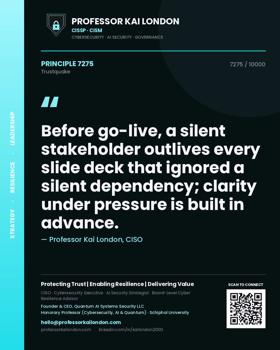Professor Kai London principle 7275: Before go-live, a silent stakeholder outlives every slide deck that ignored a silent dependency; clarity under pressure is built in advance.
