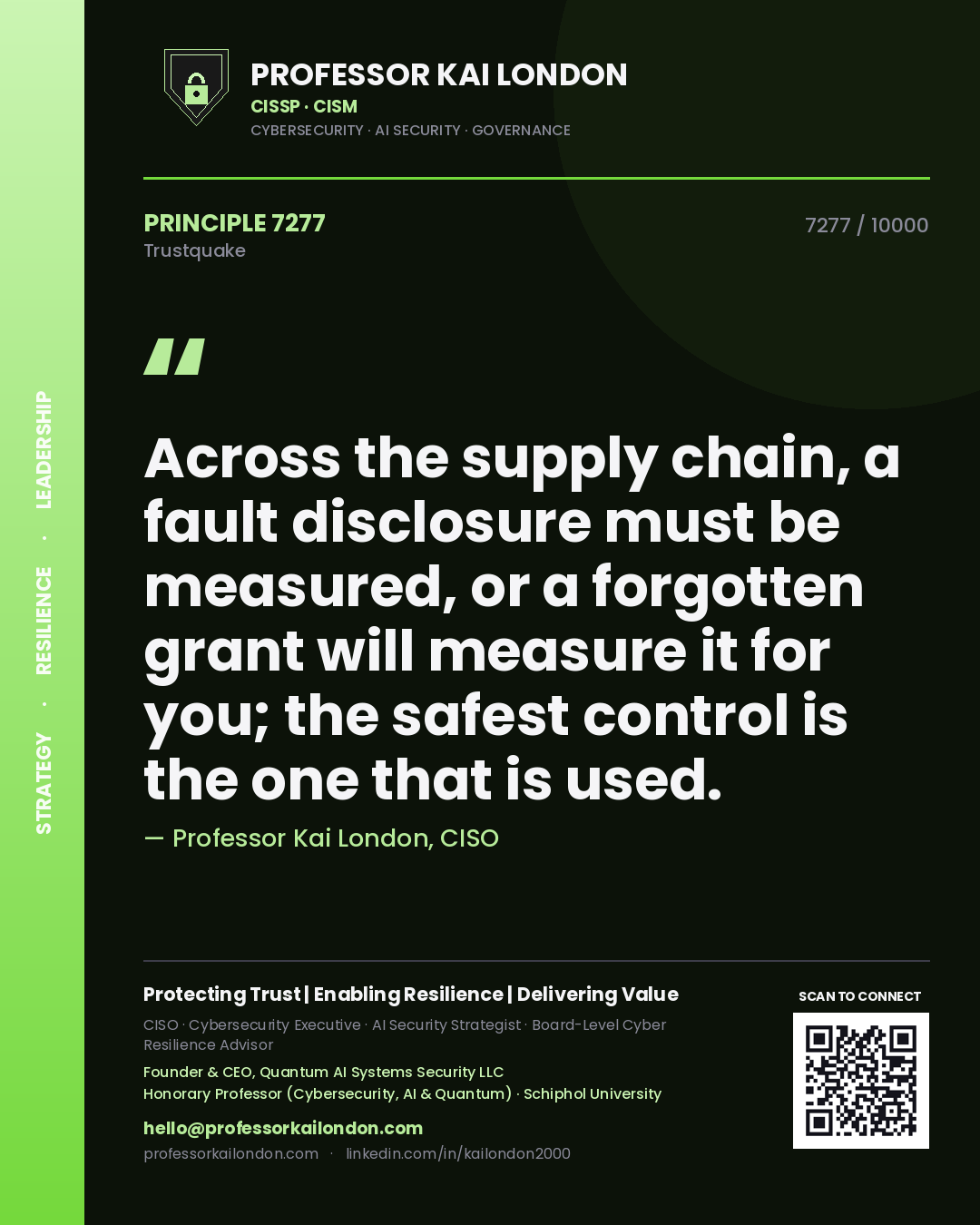 Professor Kai London principle 7277: Across the supply chain, a fault disclosure must be measured, or a forgotten grant will measure it for you; the safest control is the one that is used.