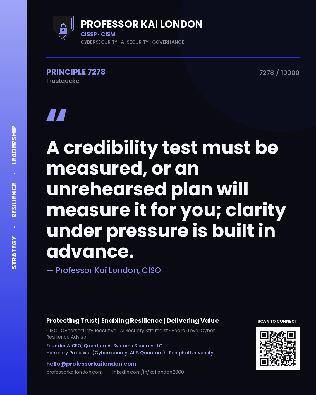 Professor Kai London principle 7278: A credibility test must be measured, or an unrehearsed plan will measure it for you; clarity under pressure is built in advance.