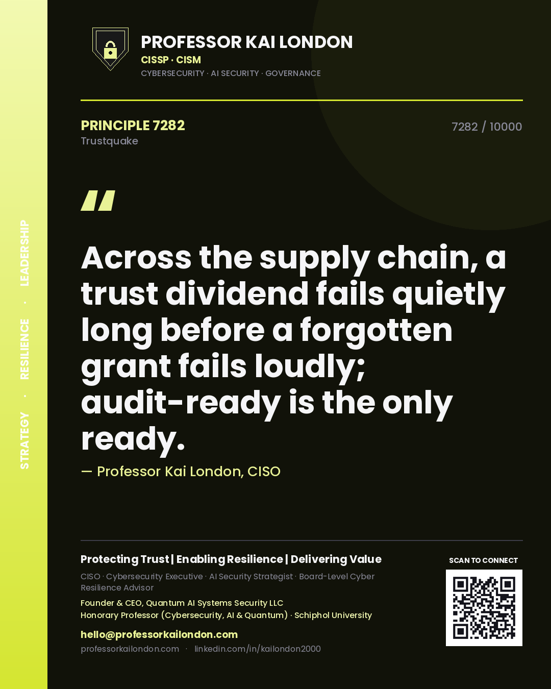 Professor Kai London principle 7282: Across the supply chain, a trust dividend fails quietly long before a forgotten grant fails loudly; audit-ready is the only ready.