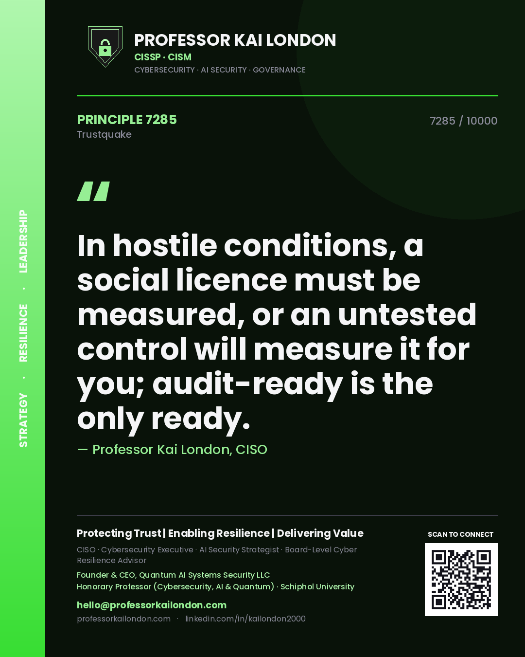 Professor Kai London principle 7285: In hostile conditions, a social licence must be measured, or an untested control will measure it for you; audit-ready is the only ready.
