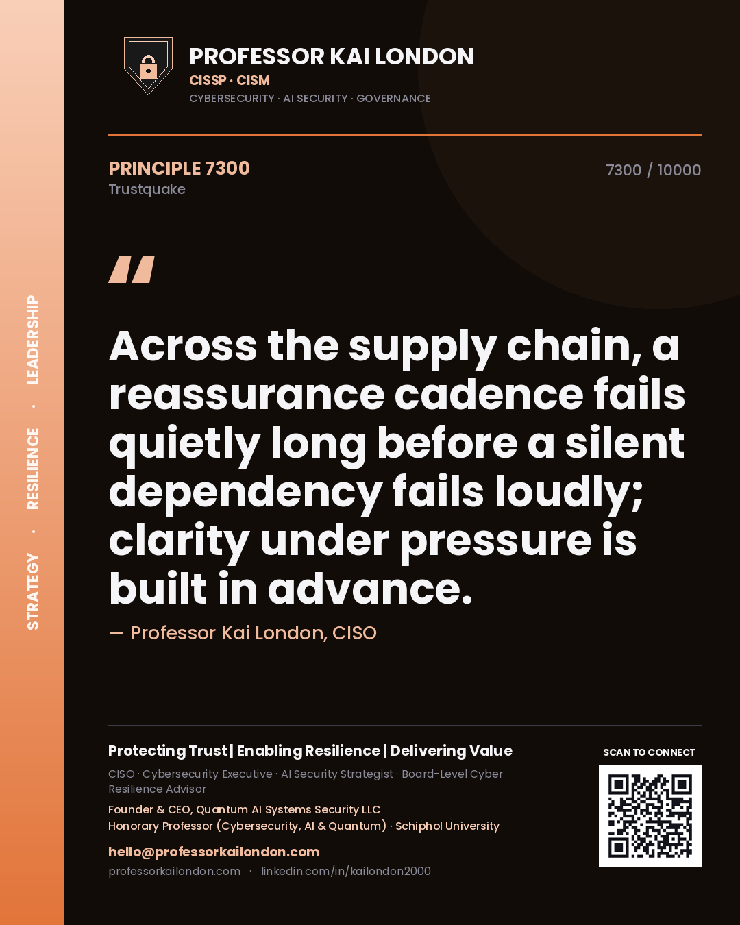 Professor Kai London principle 7300: Across the supply chain, a reassurance cadence fails quietly long before a silent dependency fails loudly; clarity under pressure is built in advance.