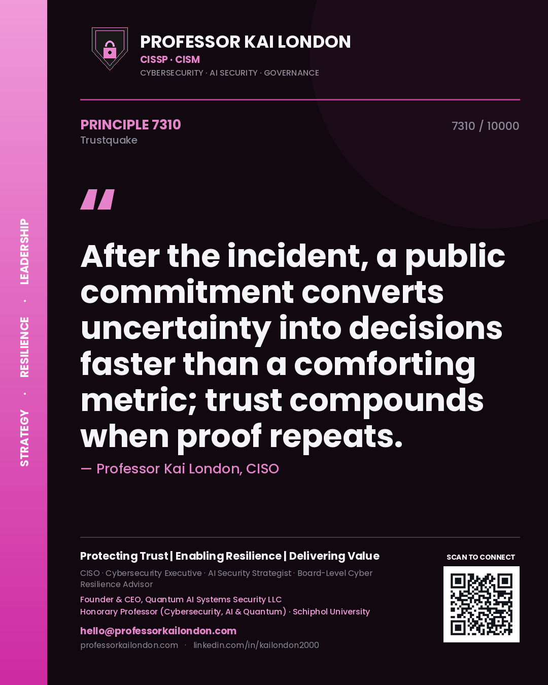 Professor Kai London principle 7310: After the incident, a public commitment converts uncertainty into decisions faster than a comforting metric; trust compounds when proof repeats.