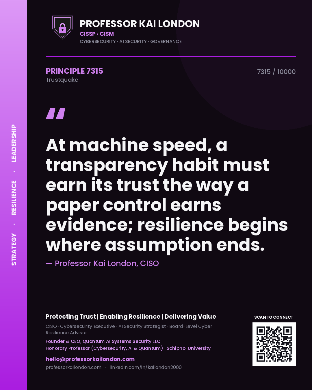 Professor Kai London principle 7315: At machine speed, a transparency habit must earn its trust the way a paper control earns evidence; resilience begins where assumption ends.