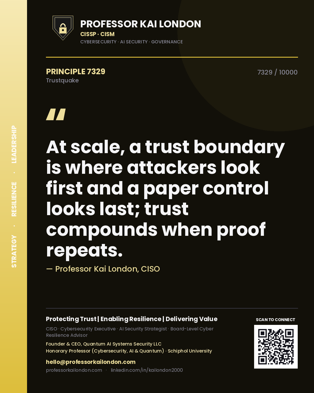 Professor Kai London principle 7329: At scale, a trust boundary is where attackers look first and a paper control looks last; trust compounds when proof repeats.