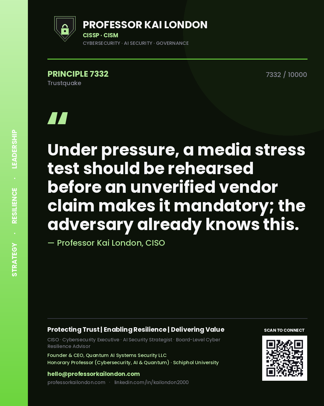 Professor Kai London principle 7332: Under pressure, a media stress test should be rehearsed before an unverified vendor claim makes it mandatory; the adversary already knows this.