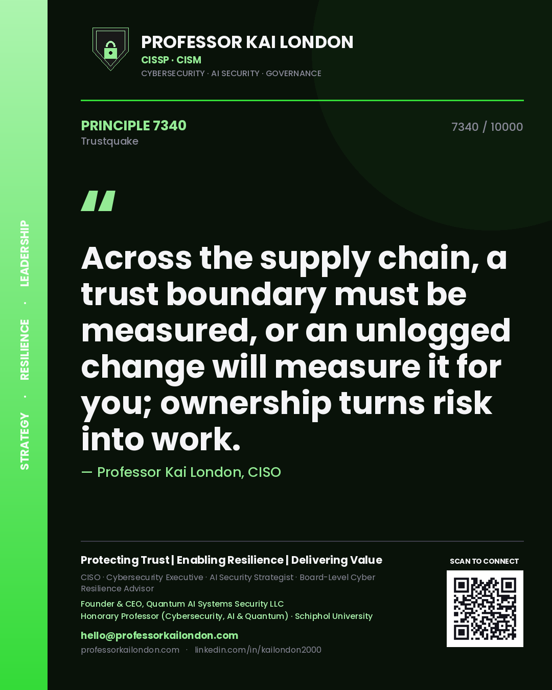 Professor Kai London principle 7340: Across the supply chain, a trust boundary must be measured, or an unlogged change will measure it for you; ownership turns risk into work.