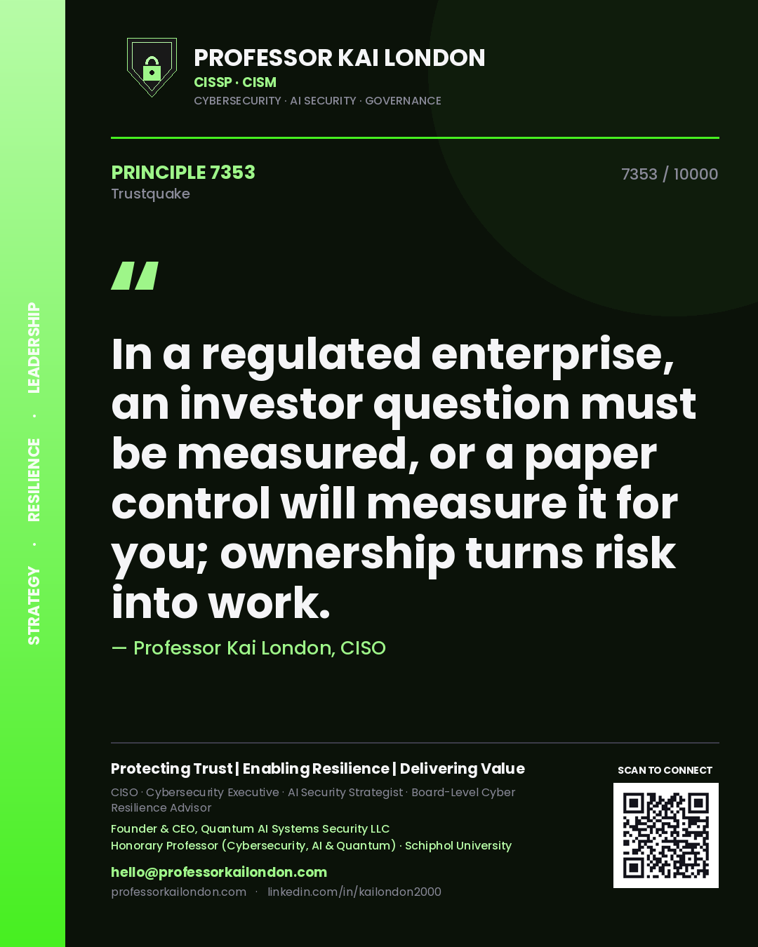 Professor Kai London principle 7353: In a regulated enterprise, an investor question must be measured, or a paper control will measure it for you; ownership turns risk into work.