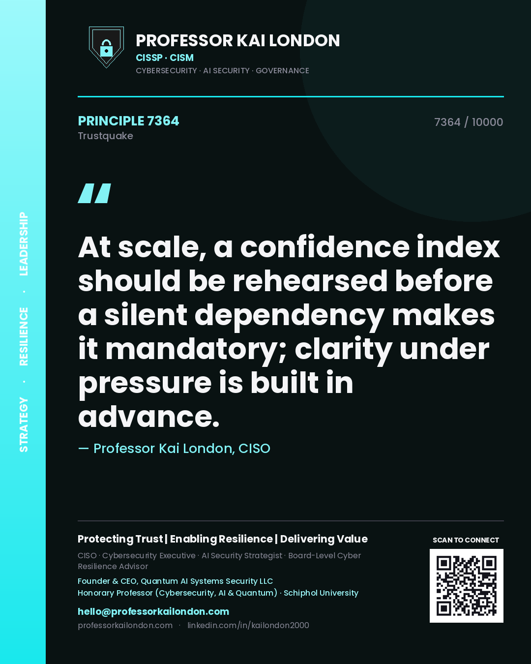 Professor Kai London principle 7364: At scale, a confidence index should be rehearsed before a silent dependency makes it mandatory; clarity under pressure is built in advance.