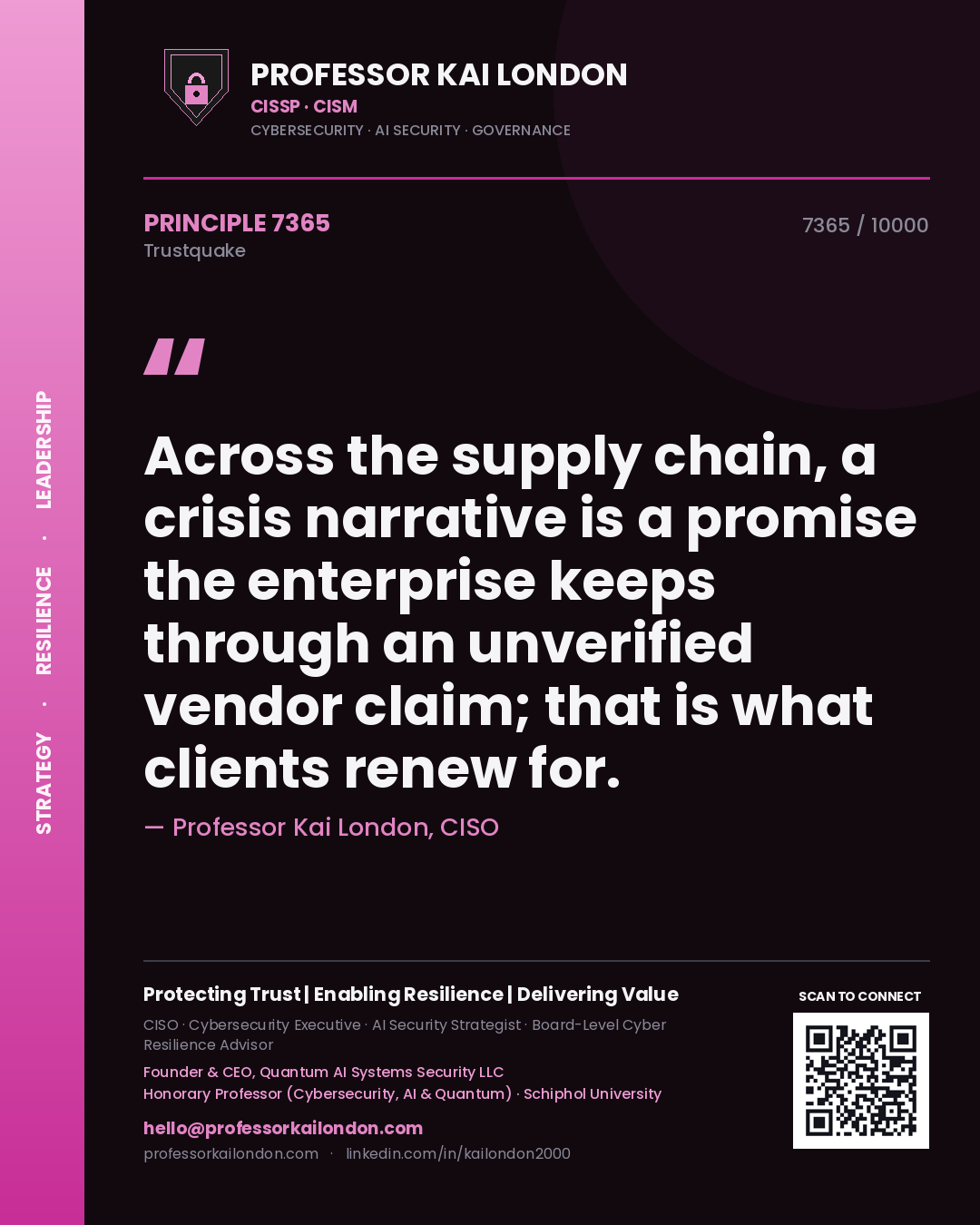 Professor Kai London principle 7365: Across the supply chain, a crisis narrative is a promise the enterprise keeps through an unverified vendor claim; that is what clients renew for.