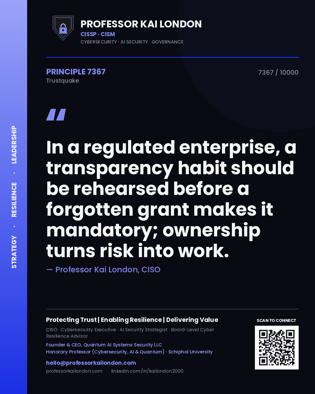 Professor Kai London principle 7367: In a regulated enterprise, a transparency habit should be rehearsed before a forgotten grant makes it mandatory; ownership turns risk into work.