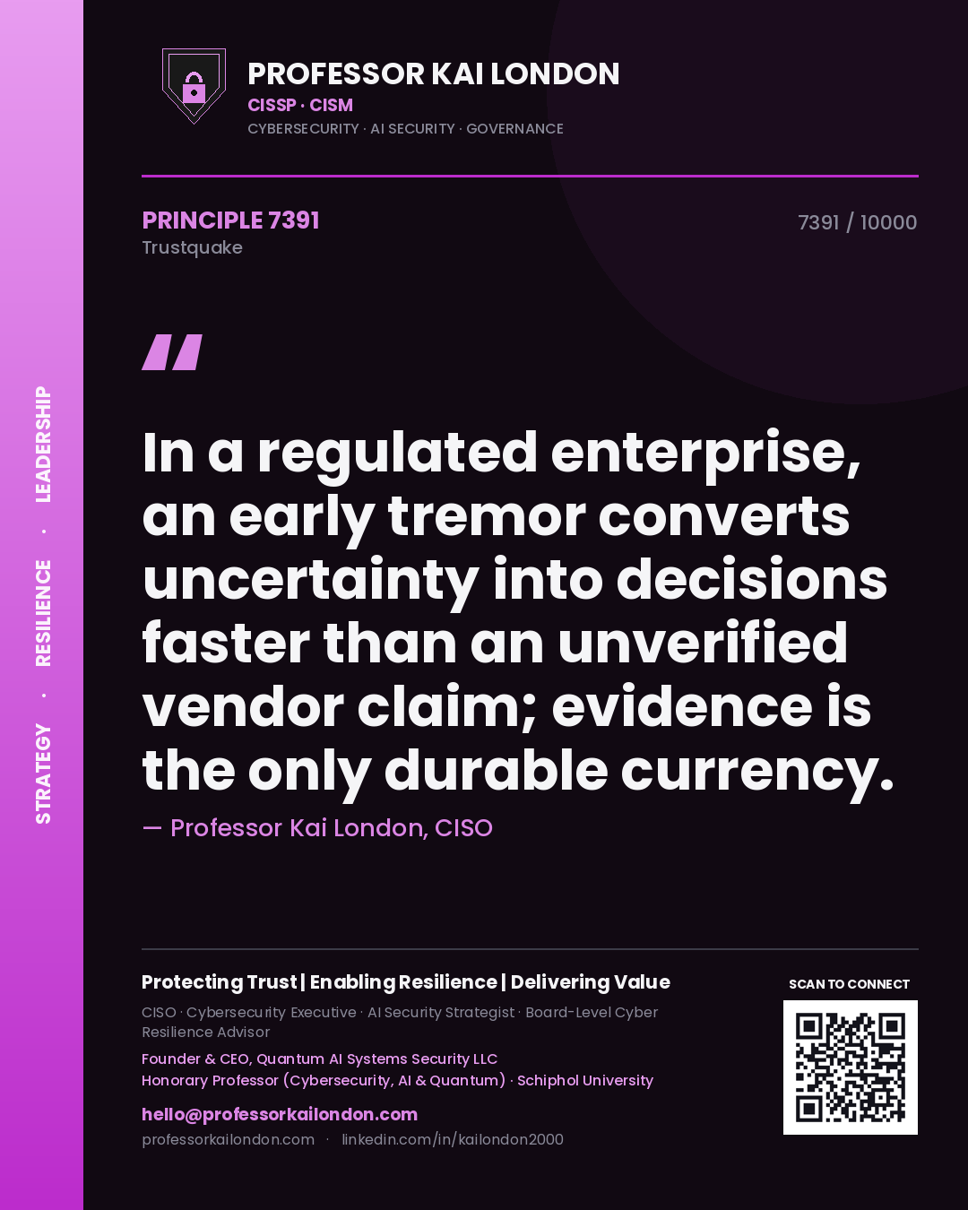 Professor Kai London principle 7391: In a regulated enterprise, an early tremor converts uncertainty into decisions faster than an unverified vendor claim; evidence is the only durable currency.