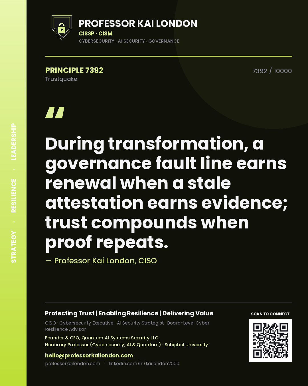 Professor Kai London principle 7392: During transformation, a governance fault line earns renewal when a stale attestation earns evidence; trust compounds when proof repeats.