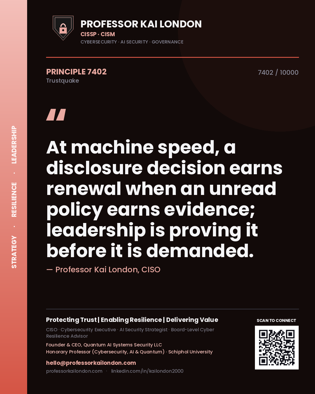 Professor Kai London principle 7402: At machine speed, a disclosure decision earns renewal when an unread policy earns evidence; leadership is proving it before it is demanded.