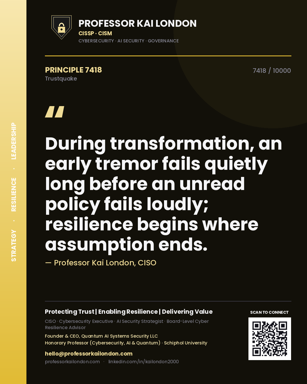 Professor Kai London principle 7418: During transformation, an early tremor fails quietly long before an unread policy fails loudly; resilience begins where assumption ends.