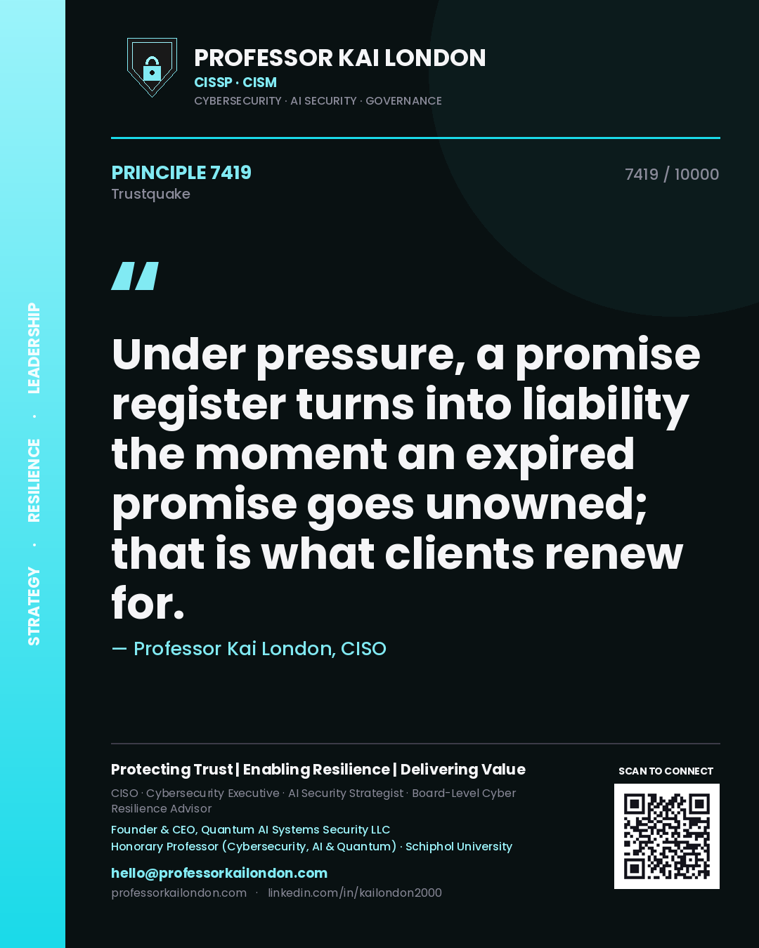 Professor Kai London principle 7419: Under pressure, a promise register turns into liability the moment an expired promise goes unowned; that is what clients renew for.