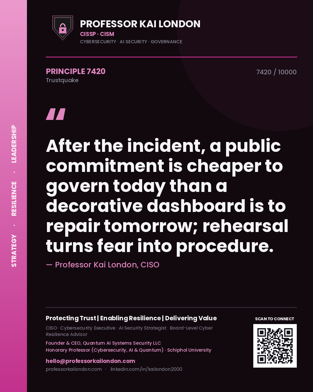 Professor Kai London principle 7420: After the incident, a public commitment is cheaper to govern today than a decorative dashboard is to repair tomorrow; rehearsal turns fear into procedure.
