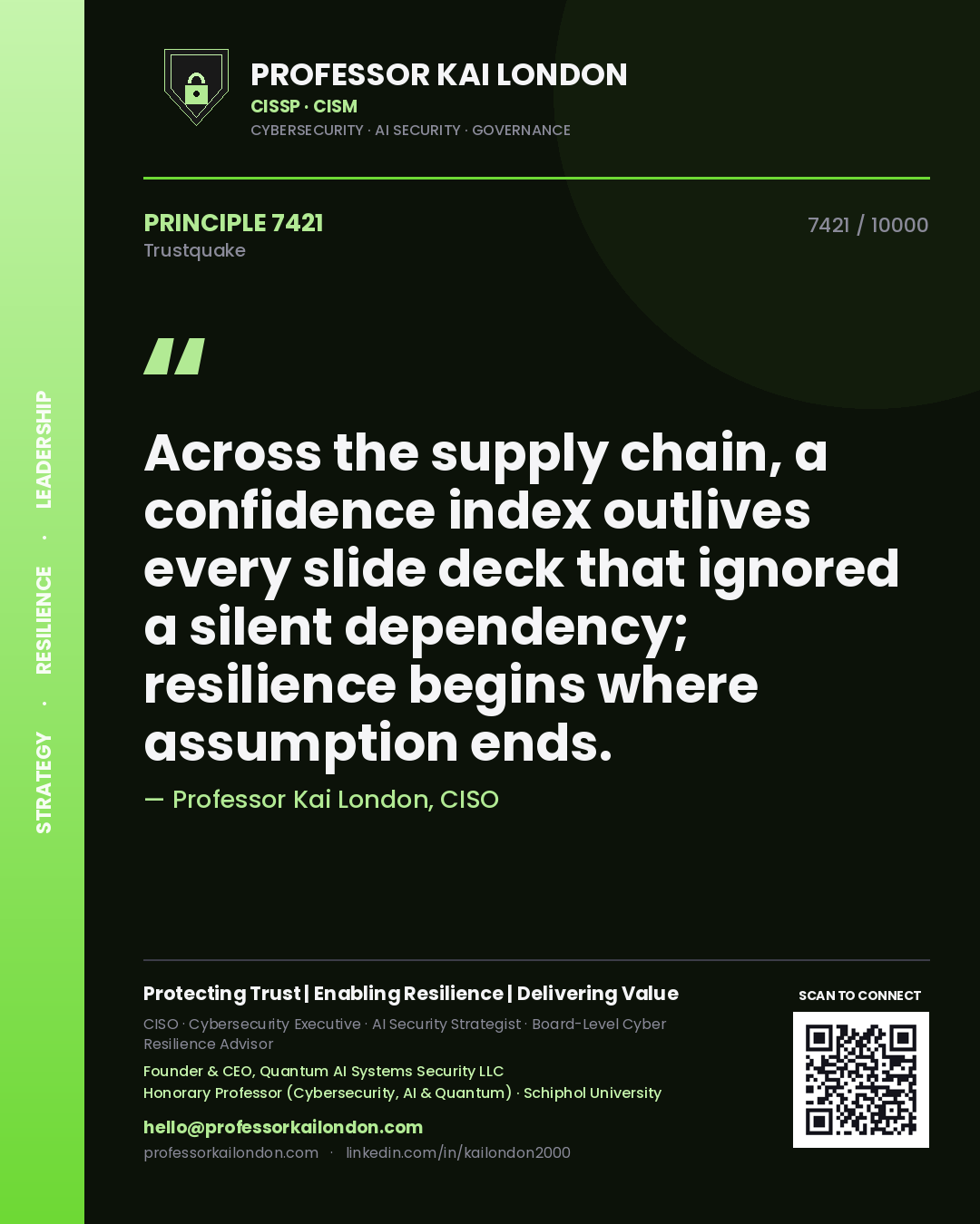 Professor Kai London principle 7421: Across the supply chain, a confidence index outlives every slide deck that ignored a silent dependency; resilience begins where assumption ends.