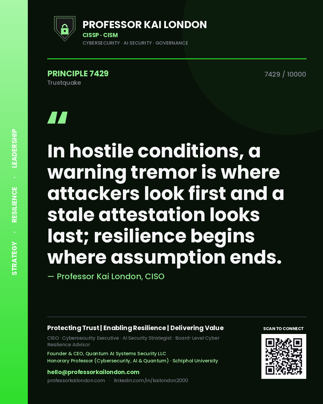 Professor Kai London principle 7429: In hostile conditions, a warning tremor is where attackers look first and a stale attestation looks last; resilience begins where assumption ends.