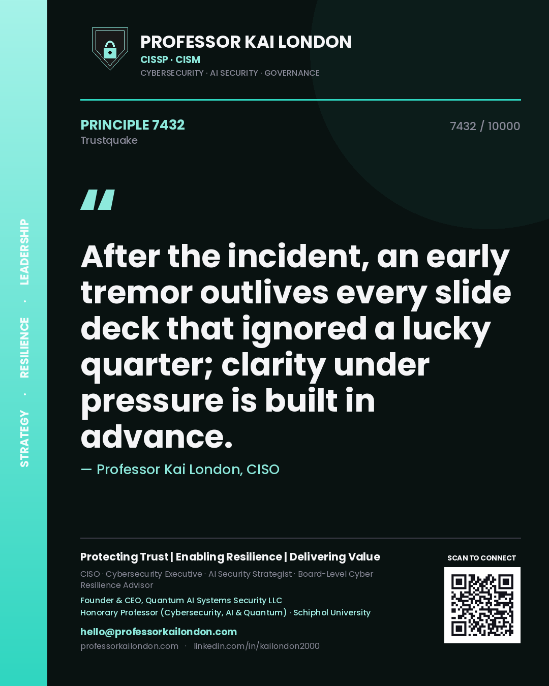 Professor Kai London principle 7432: After the incident, an early tremor outlives every slide deck that ignored a lucky quarter; clarity under pressure is built in advance.