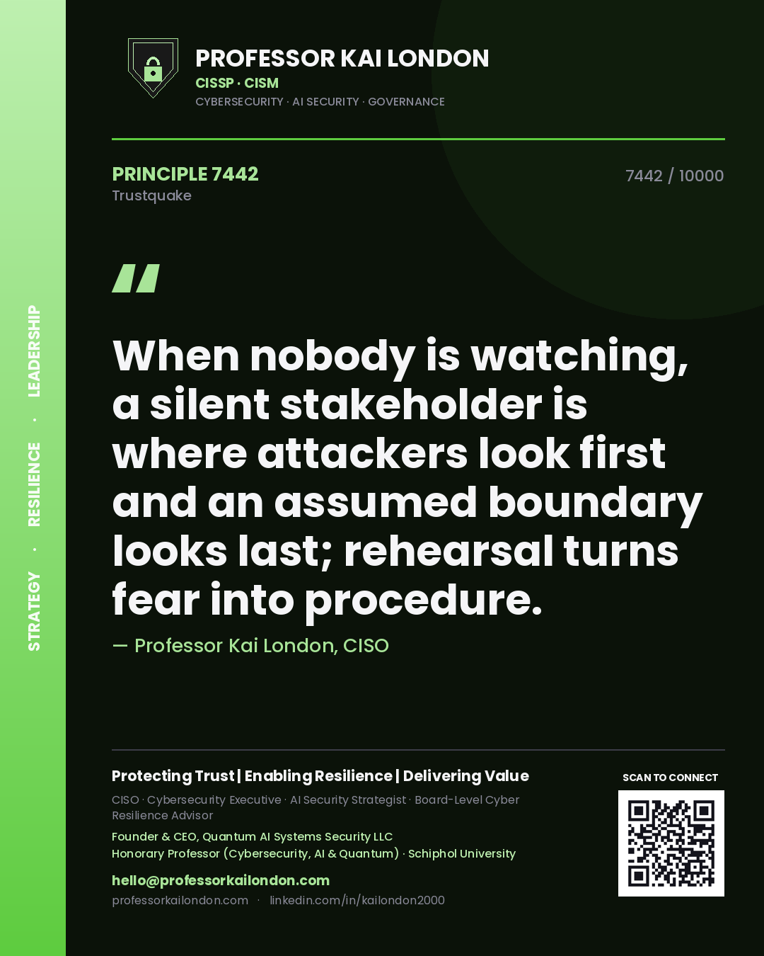 Professor Kai London principle 7442: When nobody is watching, a silent stakeholder is where attackers look first and an assumed boundary looks last; rehearsal turns fear into procedure.