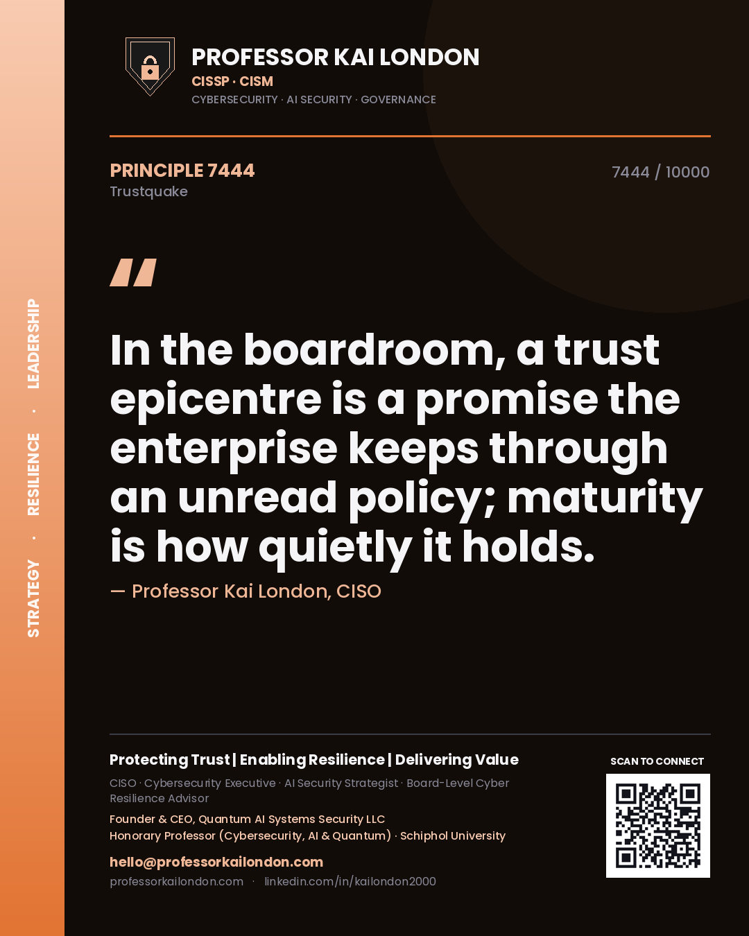 Professor Kai London principle 7444: In the boardroom, a trust epicentre is a promise the enterprise keeps through an unread policy; maturity is how quietly it holds.