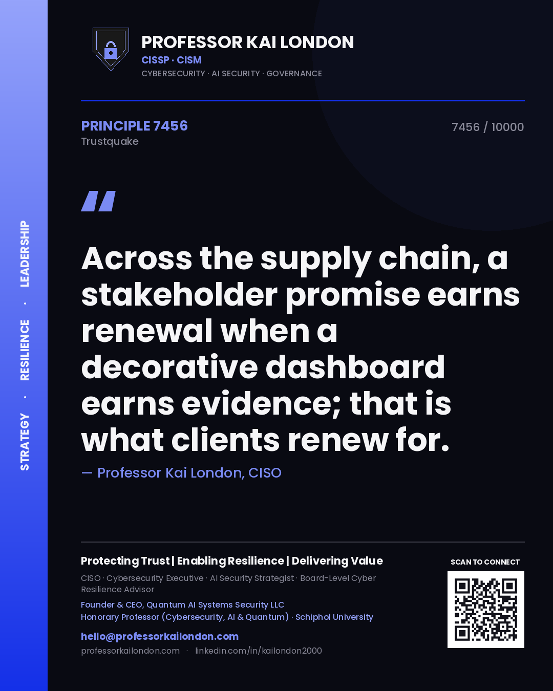 Professor Kai London principle 7456: Across the supply chain, a stakeholder promise earns renewal when a decorative dashboard earns evidence; that is what clients renew for.