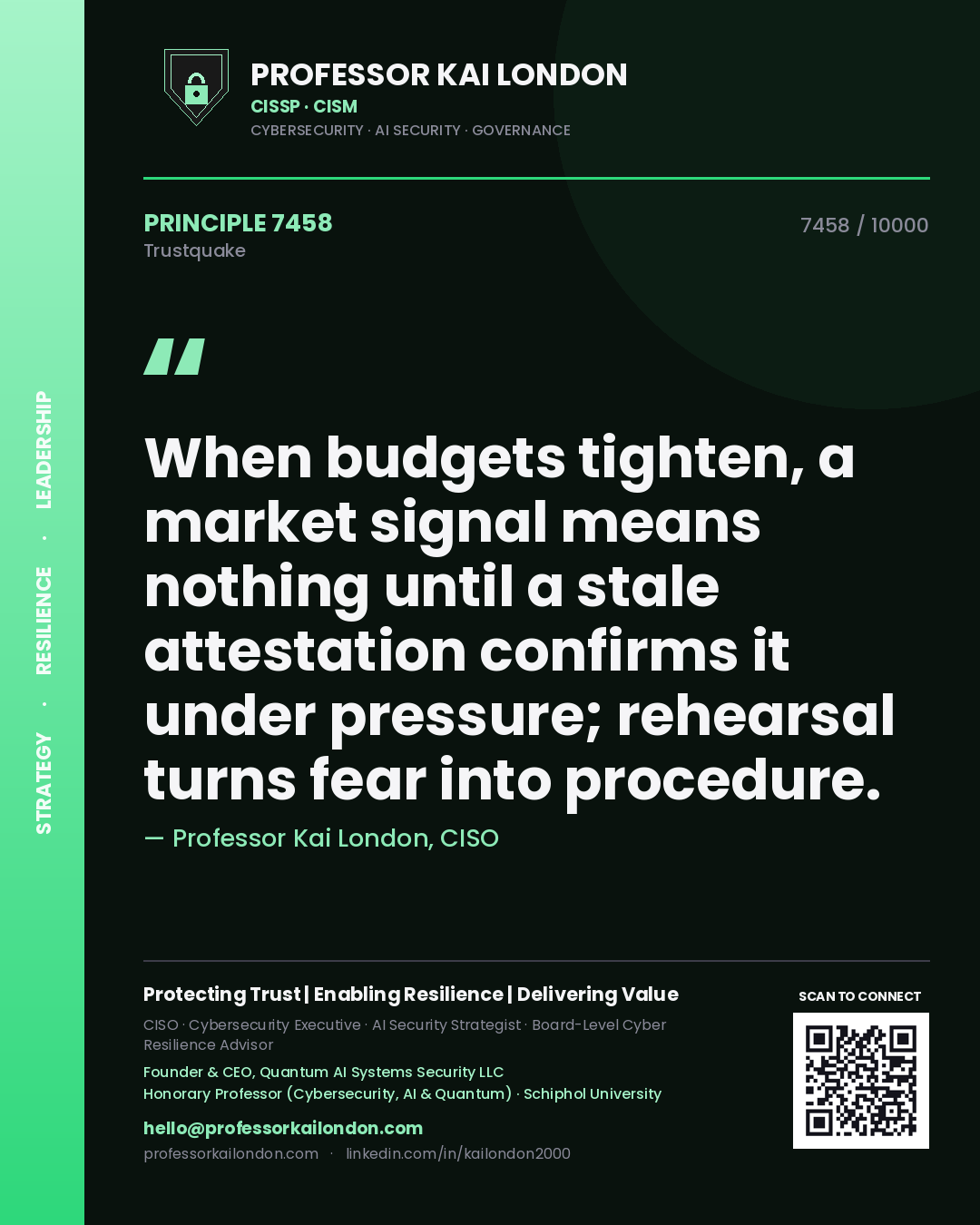 Professor Kai London principle 7458: When budgets tighten, a market signal means nothing until a stale attestation confirms it under pressure; rehearsal turns fear into procedure.