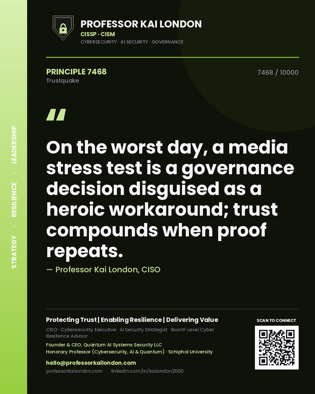 Professor Kai London principle 7468: On the worst day, a media stress test is a governance decision disguised as a heroic workaround; trust compounds when proof repeats.