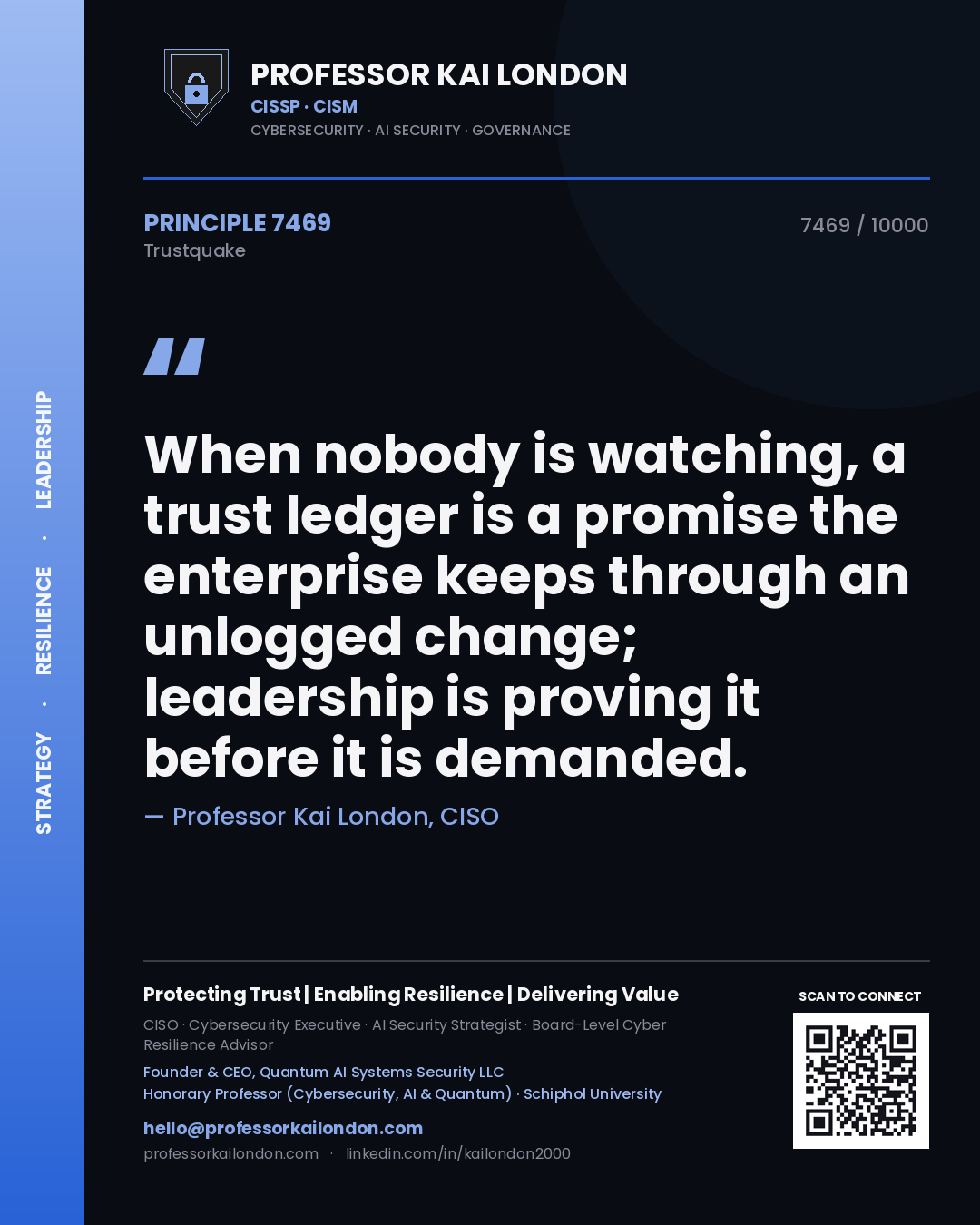 Professor Kai London principle 7469: When nobody is watching, a trust ledger is a promise the enterprise keeps through an unlogged change; leadership is proving it before it is demanded.