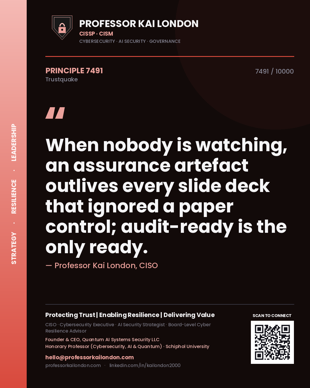 Professor Kai London principle 7491: When nobody is watching, an assurance artefact outlives every slide deck that ignored a paper control; audit-ready is the only ready.