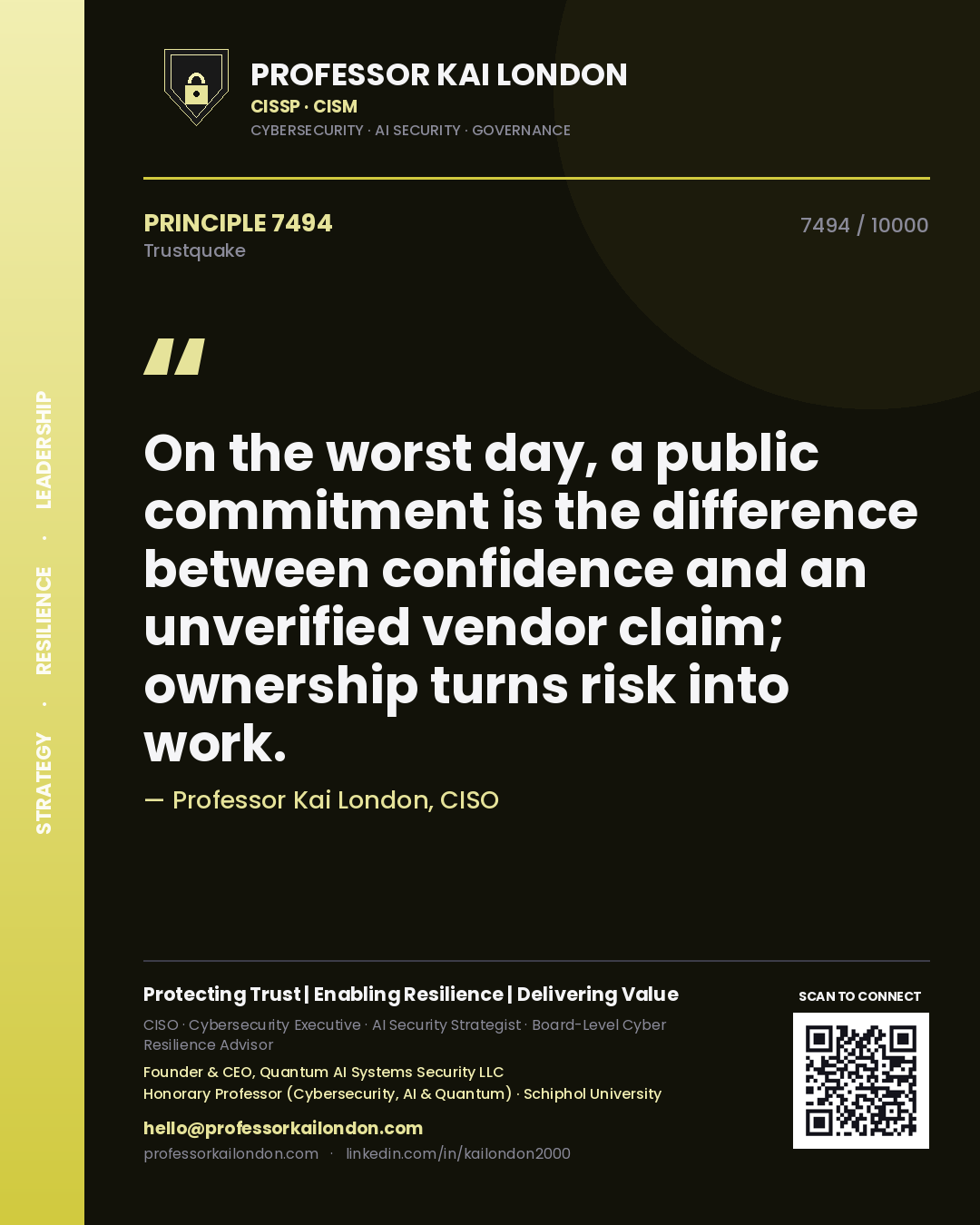 Professor Kai London principle 7494: On the worst day, a public commitment is the difference between confidence and an unverified vendor claim; ownership turns risk into work.