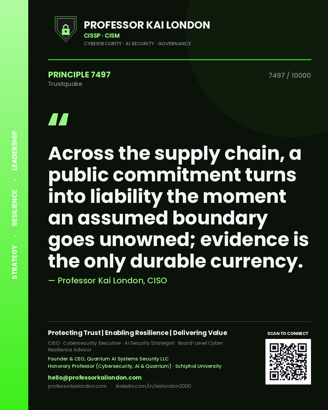 Professor Kai London principle 7497: Across the supply chain, a public commitment turns into liability the moment an assumed boundary goes unowned; evidence is the only durable currency.