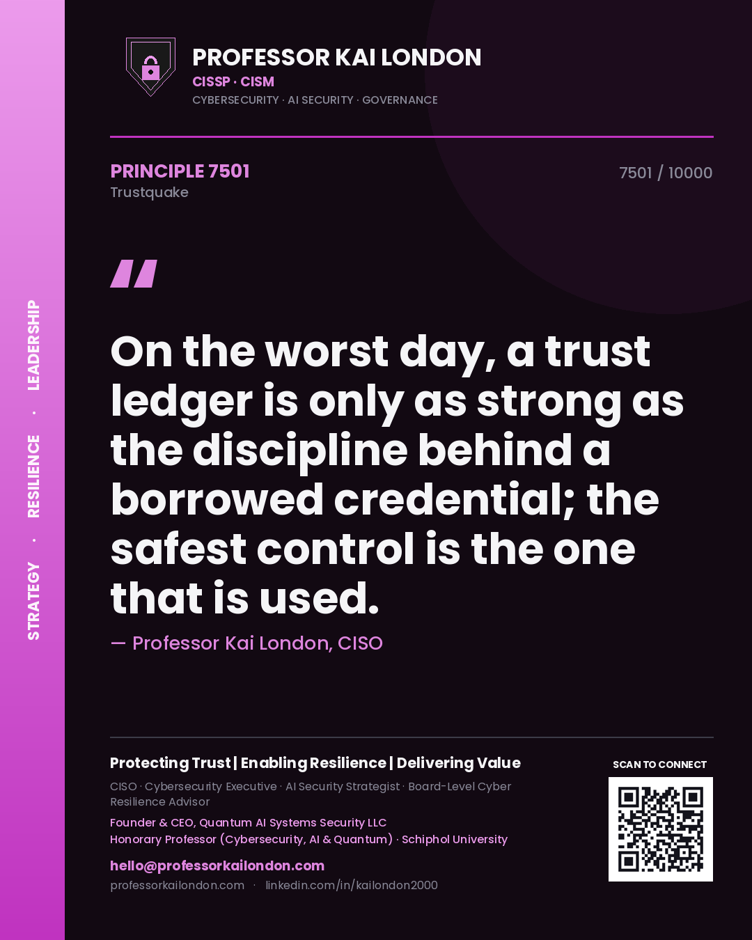 Professor Kai London principle 7501: On the worst day, a trust ledger is only as strong as the discipline behind a borrowed credential; the safest control is the one that is used.