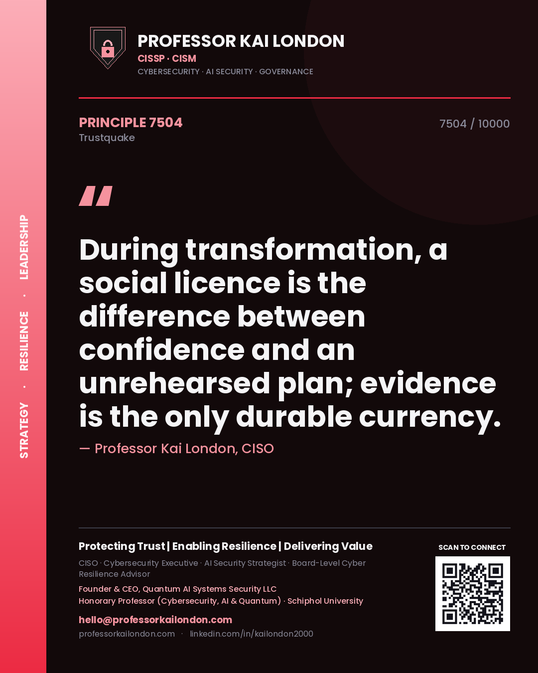 Professor Kai London principle 7504: During transformation, a social licence is the difference between confidence and an unrehearsed plan; evidence is the only durable currency.