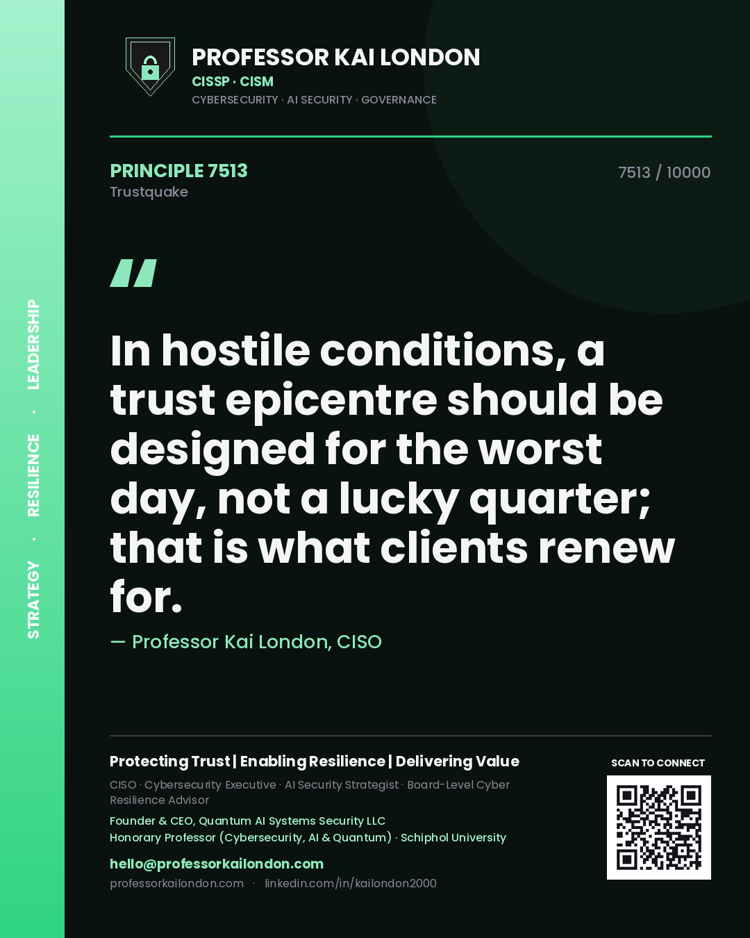 Professor Kai London principle 7513: In hostile conditions, a trust epicentre should be designed for the worst day, not a lucky quarter; that is what clients renew for.