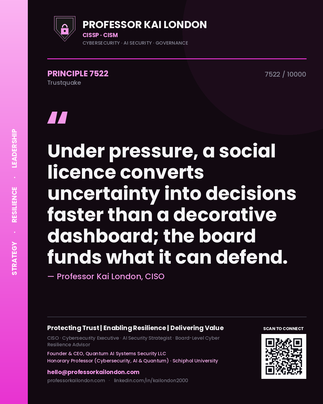 Professor Kai London principle 7522: Under pressure, a social licence converts uncertainty into decisions faster than a decorative dashboard; the board funds what it can defend.