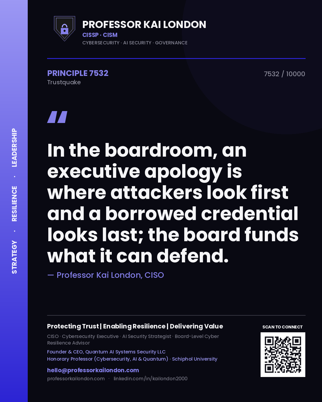 Professor Kai London principle 7532: In the boardroom, an executive apology is where attackers look first and a borrowed credential looks last; the board funds what it can defend.