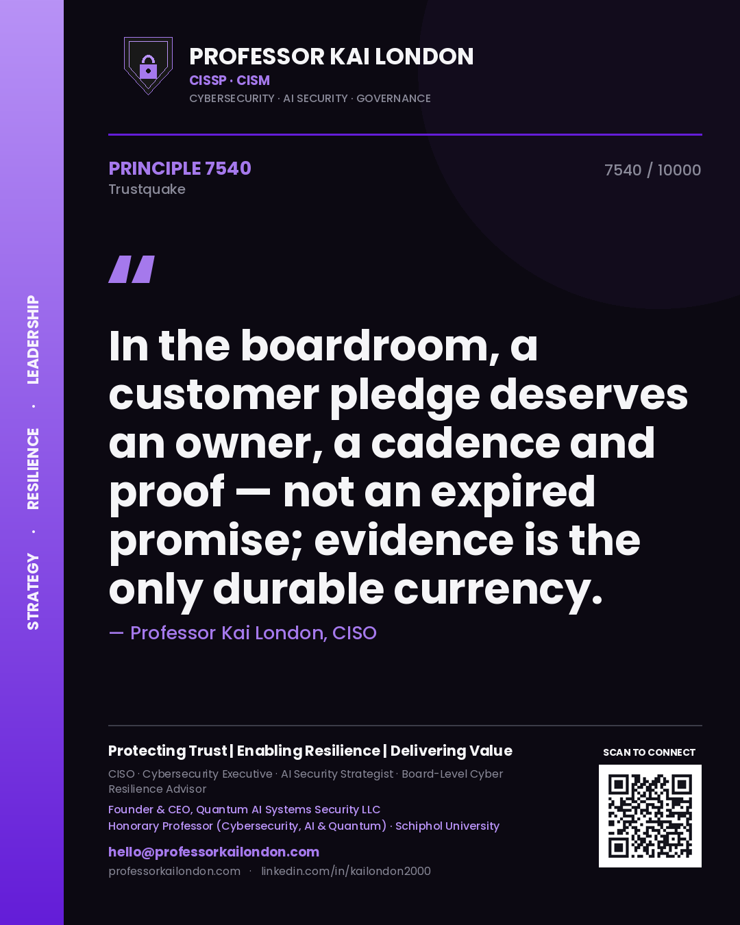 Professor Kai London principle 7540: In the boardroom, a customer pledge deserves an owner, a cadence and proof — not an expired promise; evidence is the only durable currency.