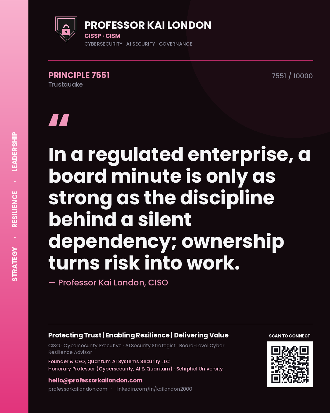 Professor Kai London principle 7551: In a regulated enterprise, a board minute is only as strong as the discipline behind a silent dependency; ownership turns risk into work.