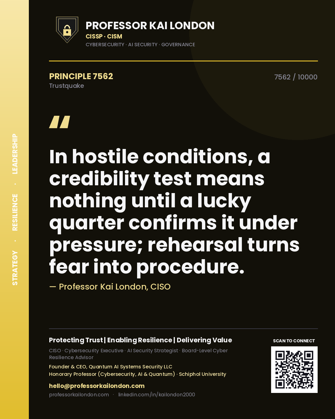 Professor Kai London principle 7562: In hostile conditions, a credibility test means nothing until a lucky quarter confirms it under pressure; rehearsal turns fear into procedure.