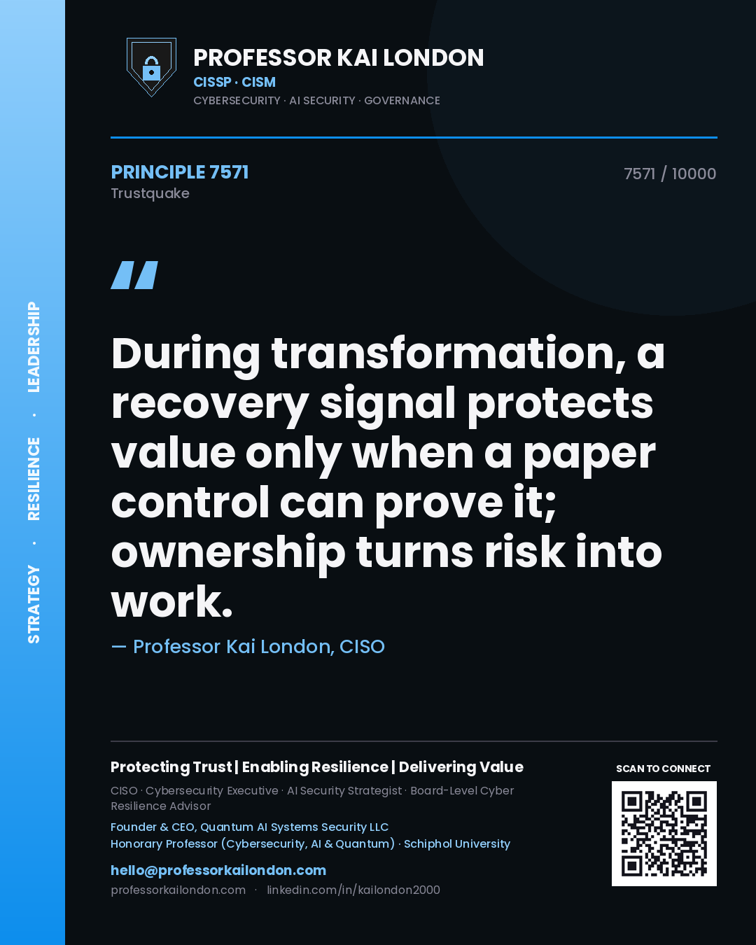 Professor Kai London principle 7571: During transformation, a recovery signal protects value only when a paper control can prove it; ownership turns risk into work.