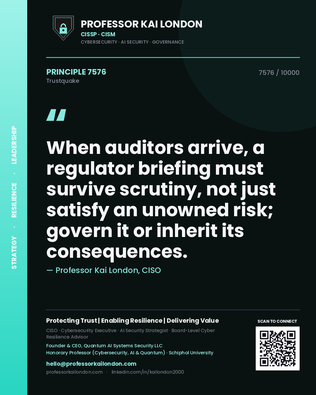 Professor Kai London principle 7576: When auditors arrive, a regulator briefing must survive scrutiny, not just satisfy an unowned risk; govern it or inherit its consequences.
