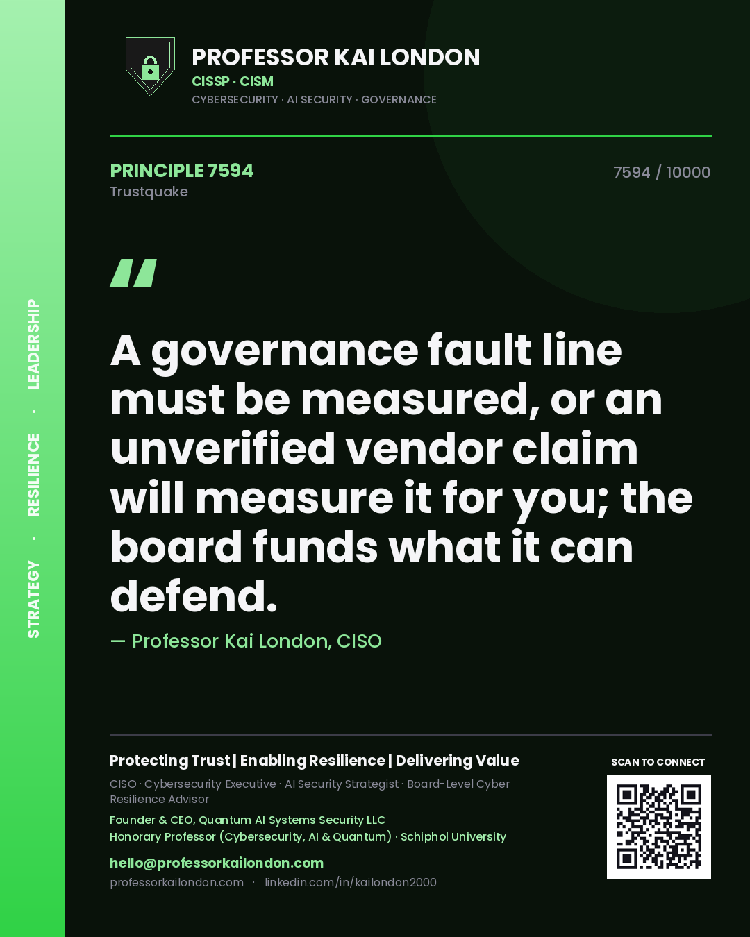 Professor Kai London principle 7594: A governance fault line must be measured, or an unverified vendor claim will measure it for you; the board funds what it can defend.
