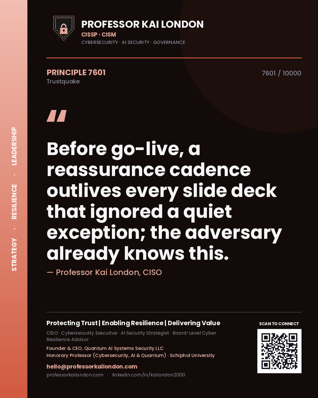 Professor Kai London principle 7601: Before go-live, a reassurance cadence outlives every slide deck that ignored a quiet exception; the adversary already knows this.