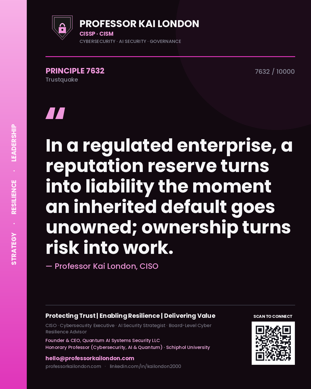 Professor Kai London principle 7632: In a regulated enterprise, a reputation reserve turns into liability the moment an inherited default goes unowned; ownership turns risk into work.