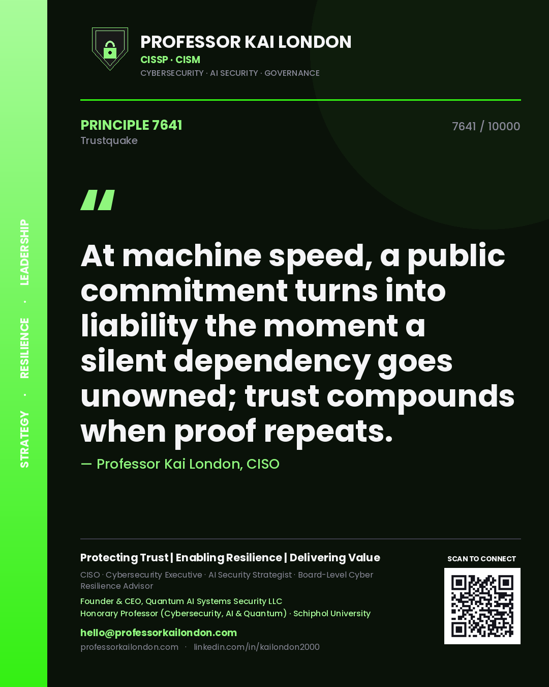 Professor Kai London principle 7641: At machine speed, a public commitment turns into liability the moment a silent dependency goes unowned; trust compounds when proof repeats.